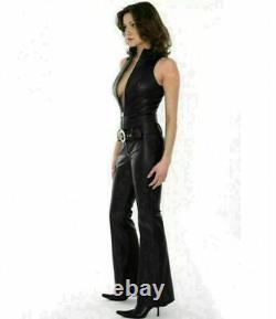 100% Genuine Leather Jumpsuit Black Decent Stylish Leather Romper Belted Women
