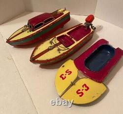 3 Vintage 1950's Battery Operated Tin Toy Boats Selling for Parts or Restoration