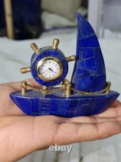 400g Natural Lapis Lazuli Clock Decorative Handmade Boat With Gold Tone Trim