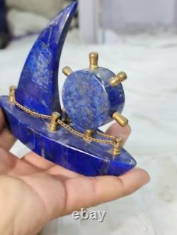 400g Natural Lapis Lazuli Clock Decorative Handmade Boat With Gold Tone Trim