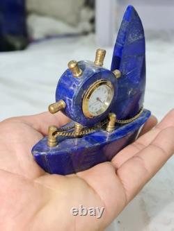 400g Natural Lapis Lazuli Clock Decorative Handmade Boat With Gold Tone Trim