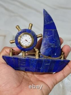 400g Natural Lapis Lazuli Clock Decorative Handmade Boat With Gold Tone Trim