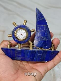 400g Natural Lapis Lazuli Clock Decorative Handmade Boat With Gold Tone Trim
