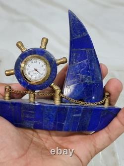 400g Natural Lapis Lazuli Clock Decorative Handmade Boat With Gold Tone Trim
