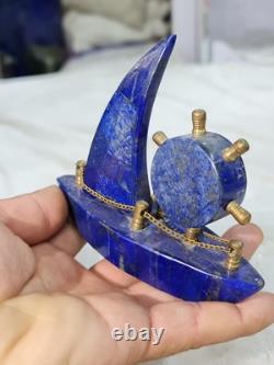 400g Natural Lapis Lazuli Clock Decorative Handmade Boat With Gold Tone Trim