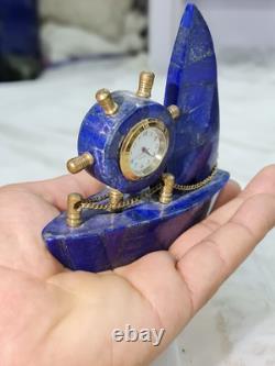 400g Natural Lapis Lazuli Clock Decorative Handmade Boat With Gold Tone Trim