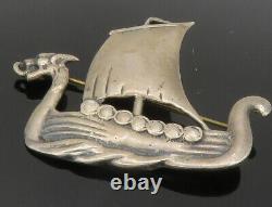 925 Sterling Silver Vintage Antique Vikings Dragon Boat Brooch Pin BP4858