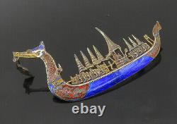 925 Sterling Silver Vintage Enamel Dark Tone Dragon Boat Brooch Pin BP6877