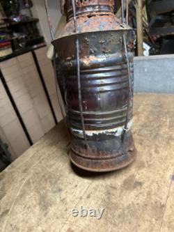 Antique Rare Nautical Ship Boat Marine Caged Oil Lamp Lantern Red Globe Parts