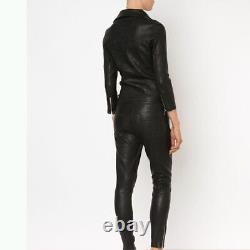 Black Original 100%Lambskin Leather Jumpsuit Women Halloween Fashionable Casual