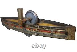 EARLY 20TH C GERMAN VINT LITHO'D ENML TIN WIND-UP STEAMER BOAT, WithHEAVING MOTION