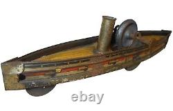 EARLY 20TH C GERMAN VINT LITHO'D ENML TIN WIND-UP STEAMER BOAT, WithHEAVING MOTION