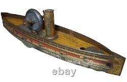 EARLY 20TH C GERMAN VINT LITHO'D ENML TIN WIND-UP STEAMER BOAT, WithHEAVING MOTION