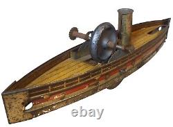 EARLY 20TH C GERMAN VINT LITHO'D ENML TIN WIND-UP STEAMER BOAT, WithHEAVING MOTION