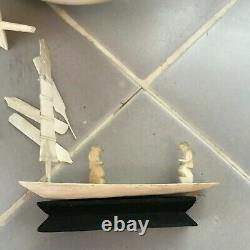 Lot of Vintage Carved Bovine Bone Carved Chinese Boats for Parts or Repair