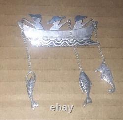 MEXICO 925 Silver Vintage Fish Seahorse Charm Boat Brooch Pin Fishing