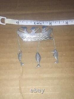 MEXICO 925 Silver Vintage Fish Seahorse Charm Boat Brooch Pin Fishing