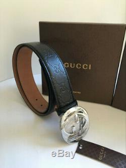 NEW! Authentic Silver Buckle GUCCI-Men's Classic Leather Vintage Belt 95/38