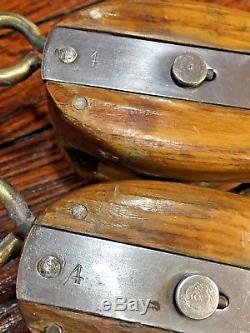 Pair Of 9 Vintage Wood Merriman #3 Bronze Snap Shackle Snatch Blocks 5/8 Line