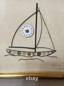 Rare Vintage Art With Antique Watch Clock Parts Timepiece Butterfly Boat