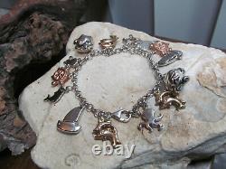 Sterling Silver 925 Three tone Dolphin, Boat, Fish, Octopus Charm Bracelet 22g