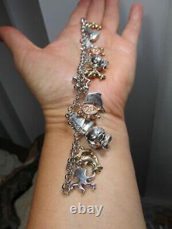 Sterling Silver 925 Three tone Dolphin, Boat, Fish, Octopus Charm Bracelet 22g