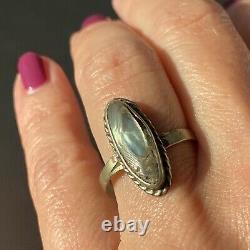 Sterling Silver Green Abalone Peaarl Old Pawn Vintage Navette Boat Ring Size 8.5