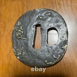 Tsuba Moonlit Boat Copper Ground Vintage Antique Samurai Fittings Item