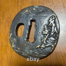 Tsuba Moonlit Boat Copper Ground Vintage Antique Samurai Fittings Item