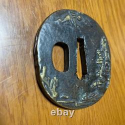 Tsuba Moonlit Boat Copper Ground Vintage Antique Samurai Fittings Item