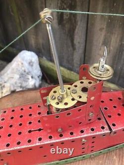 VINTAGE 20th century MECCANO BATTLESHIP red green hand made metal bluebird toy