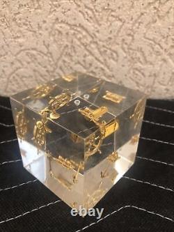 VINTAGE Gold Ship Boat Parts FLOATING LUCITE Paperweight Cube Anchor Wheel 24k