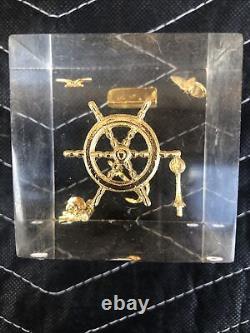 VINTAGE Gold Ship Boat Parts FLOATING LUCITE Paperweight Cube Anchor Wheel 24k
