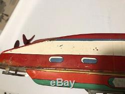 VINTAGE METAL J. CHEIN WIND UP TOY MOTOR BOAT 15- for parts or repair