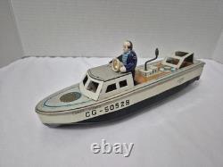 Vintage 1950's Plaything Japan Tin Wind Up Coast Guard Boat Works Missing Parts