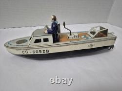 Vintage 1950's Plaything Japan Tin Wind Up Coast Guard Boat Works Missing Parts