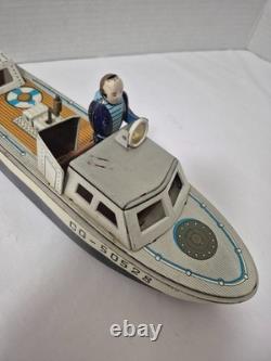 Vintage 1950's Plaything Japan Tin Wind Up Coast Guard Boat Works Missing Parts