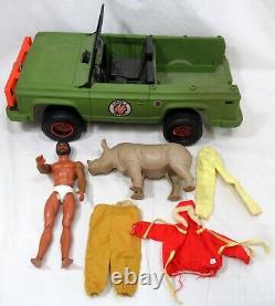 Vintage 1970's Mattel Big Jim Lot Boat Jeep Figure Parts Clothes Rhinoceros etc