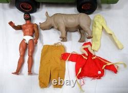 Vintage 1970's Mattel Big Jim Lot Boat Jeep Figure Parts Clothes Rhinoceros etc