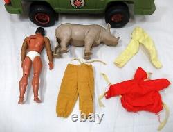 Vintage 1970's Mattel Big Jim Lot Boat Jeep Figure Parts Clothes Rhinoceros etc