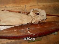 Vintage 24 Hollow Wooden Pond Sailing Boat With Original Masts, Sails, & Parts