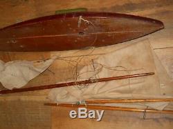 Vintage 24 Hollow Wooden Pond Sailing Boat With Original Masts, Sails, & Parts