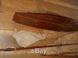 Vintage 24 Hollow Wooden Pond Sailing Boat With Original Masts, Sails, & Parts