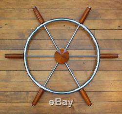 Vintage 26.5 Wood Stainless Steel 6 Spoke Boat Yacht Ship Steering Wheel Teak