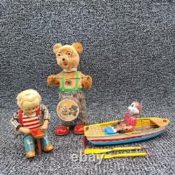 Vintage 50's Toy Lot Suzuki Bear Boat, Battery Bear Drummer, Shoe Cobbler. Parts