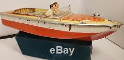 Vintage Arnold Tin Lithograph Wind Up 1950s Toy Boat For Parts Or Restoration