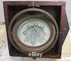 Vintage Baker Brass Gimballed Compass #12857 in Mahogany Box
