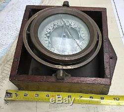 Vintage Baker Brass Gimballed Compass #12857 in Mahogany Box