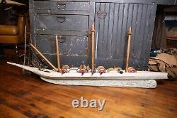 Vintage Folk Art Wooden Model Pirate Ship wood sail boat canons 58 Parts Repair