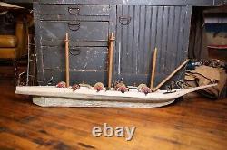 Vintage Folk Art Wooden Model Pirate Ship wood sail boat canons 58 Parts Repair